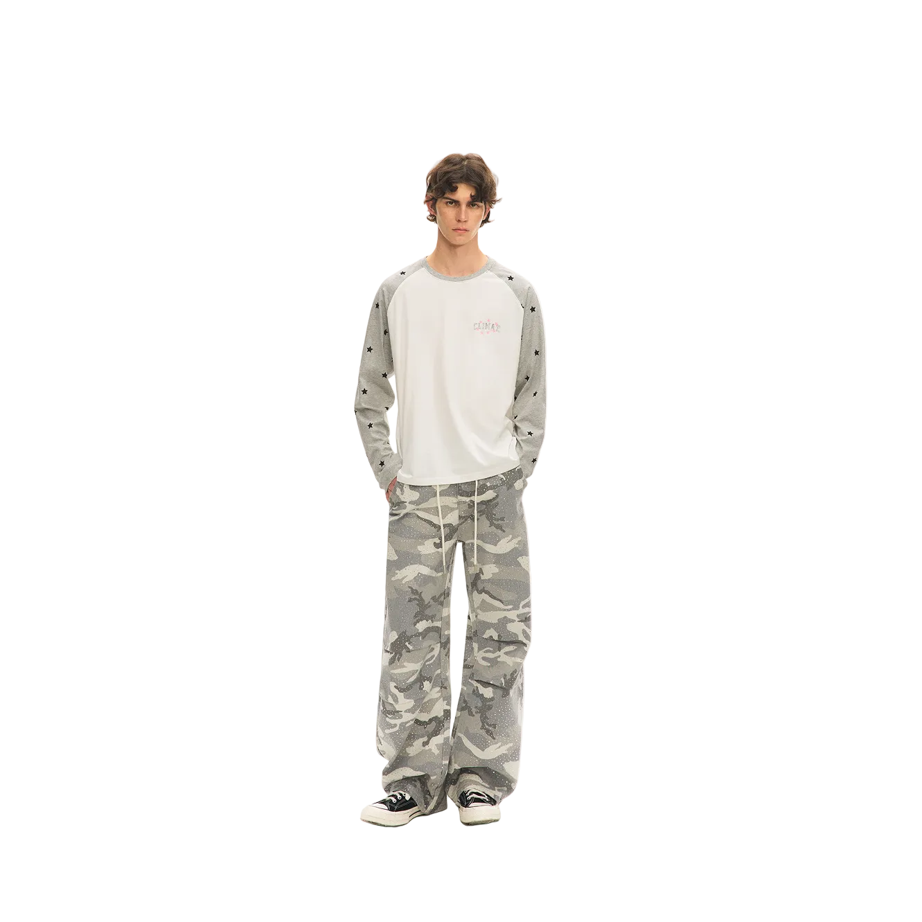 Gray and White Color Block Star Long-Sleeve T-Shirt