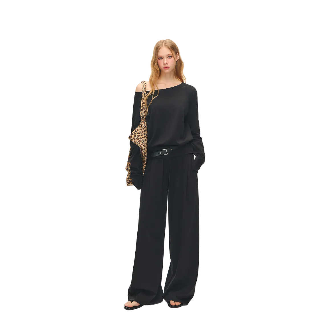 Black Lyocell Off-Shoulder Lazy Long Sleeve