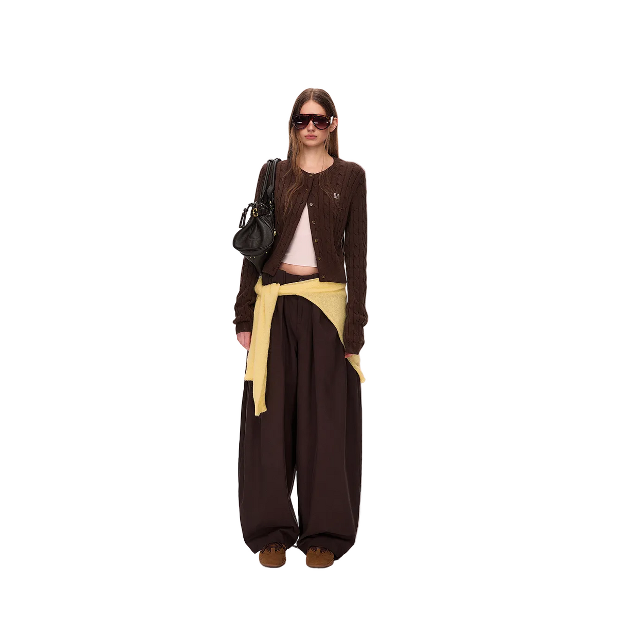 Brown 3D Cable Knit Linen Cardigan