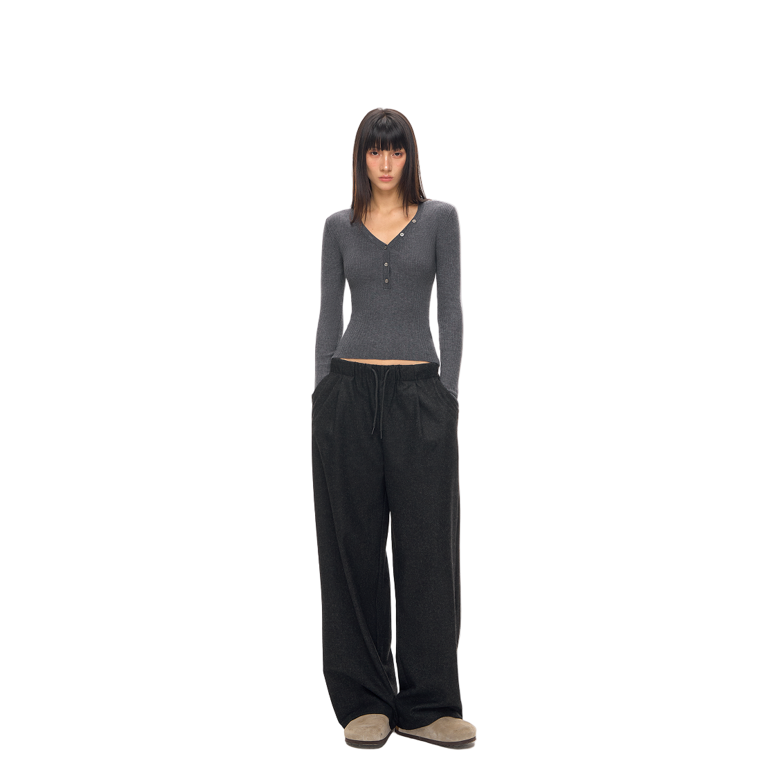 Dark Grey Wool Blend Soft Minimalist Casual Trousers