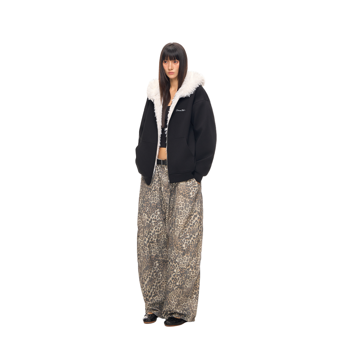 Black Warm Rhinestone Logo Faux Fur Collar Hooded Jacket