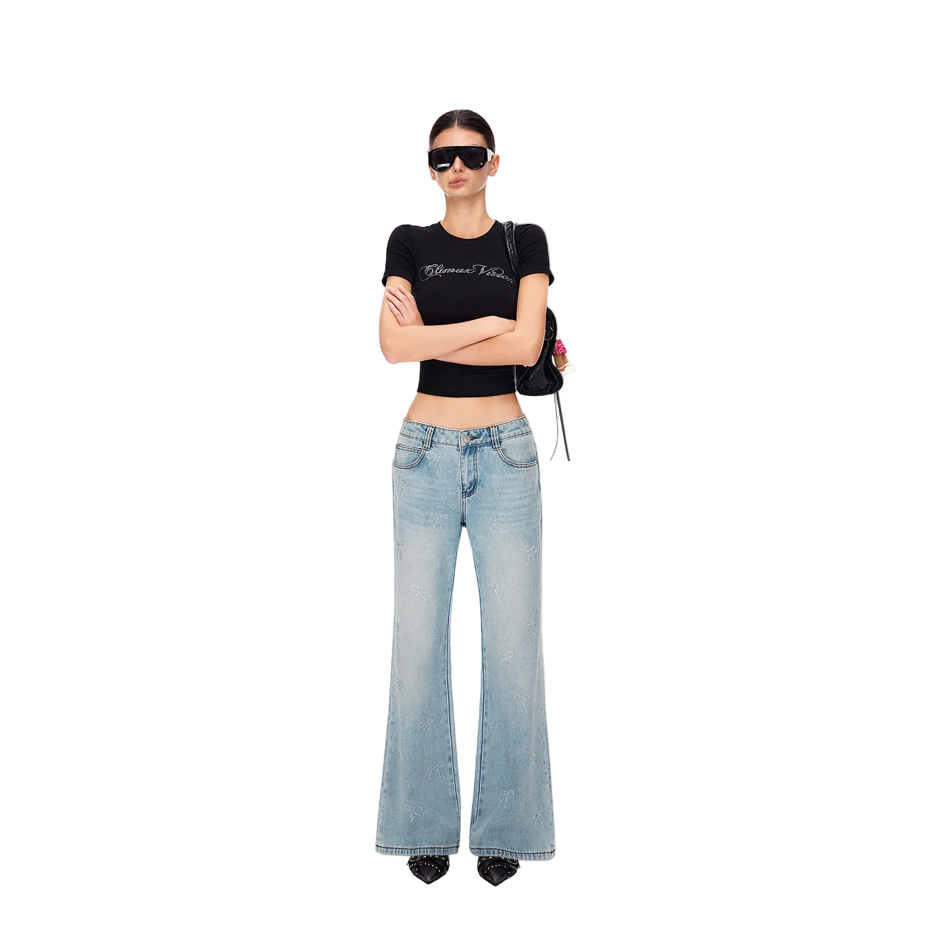 Blue Rhinestone Bow Washed Flared Jeans