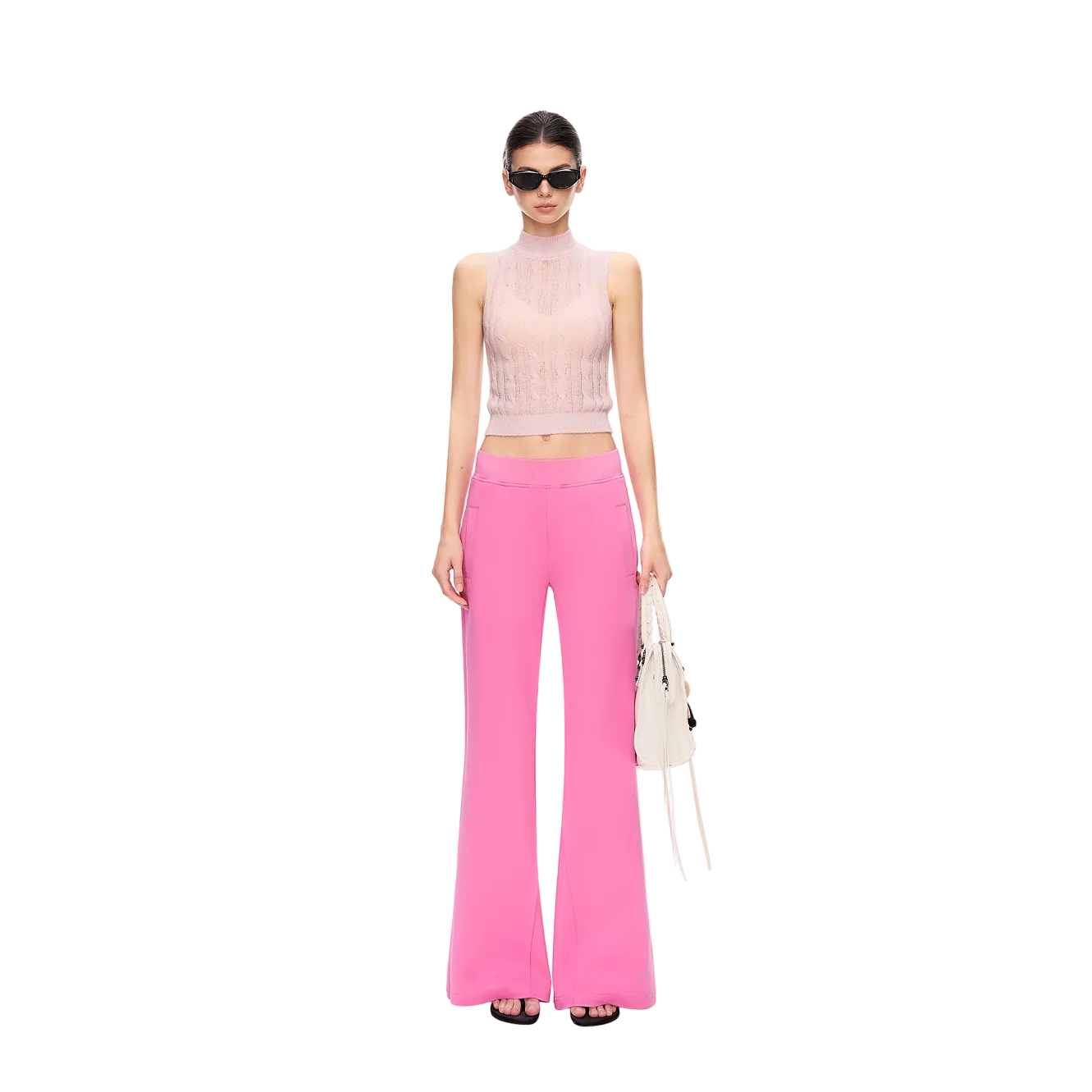 Pink Mid-to-Low Rise Flare Wide-Leg Sweatpants