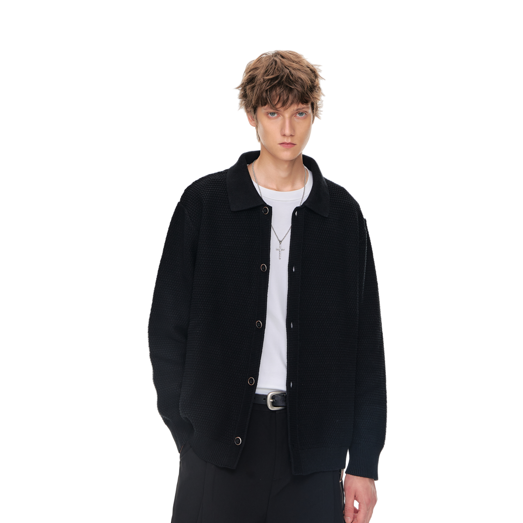 Black Textured Relaxed Sweater Lapel Button Cardigan