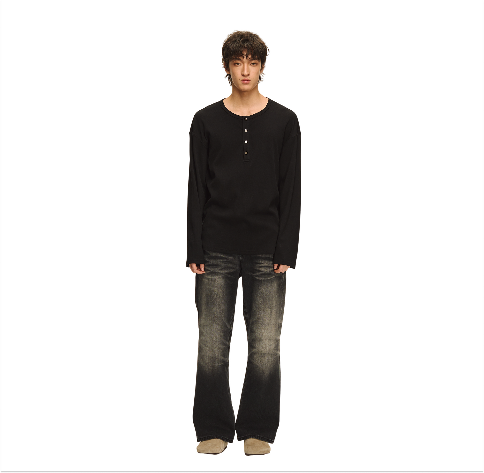 Black Henley Collar Drape Basic Long Sleeve Tee