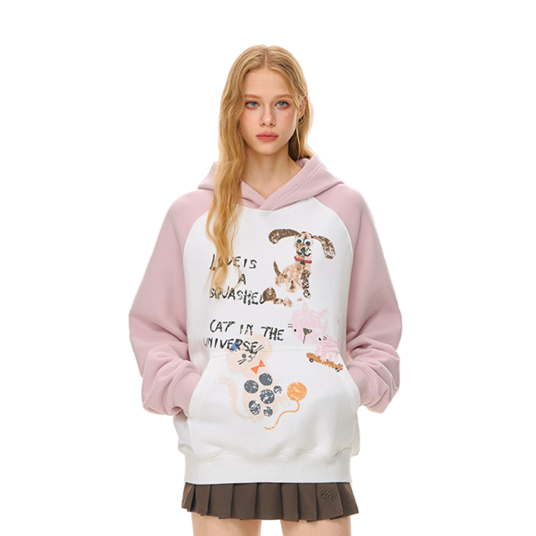 Pink Hand-painted Graffiti Print Raglan Hooded Sweatshirt