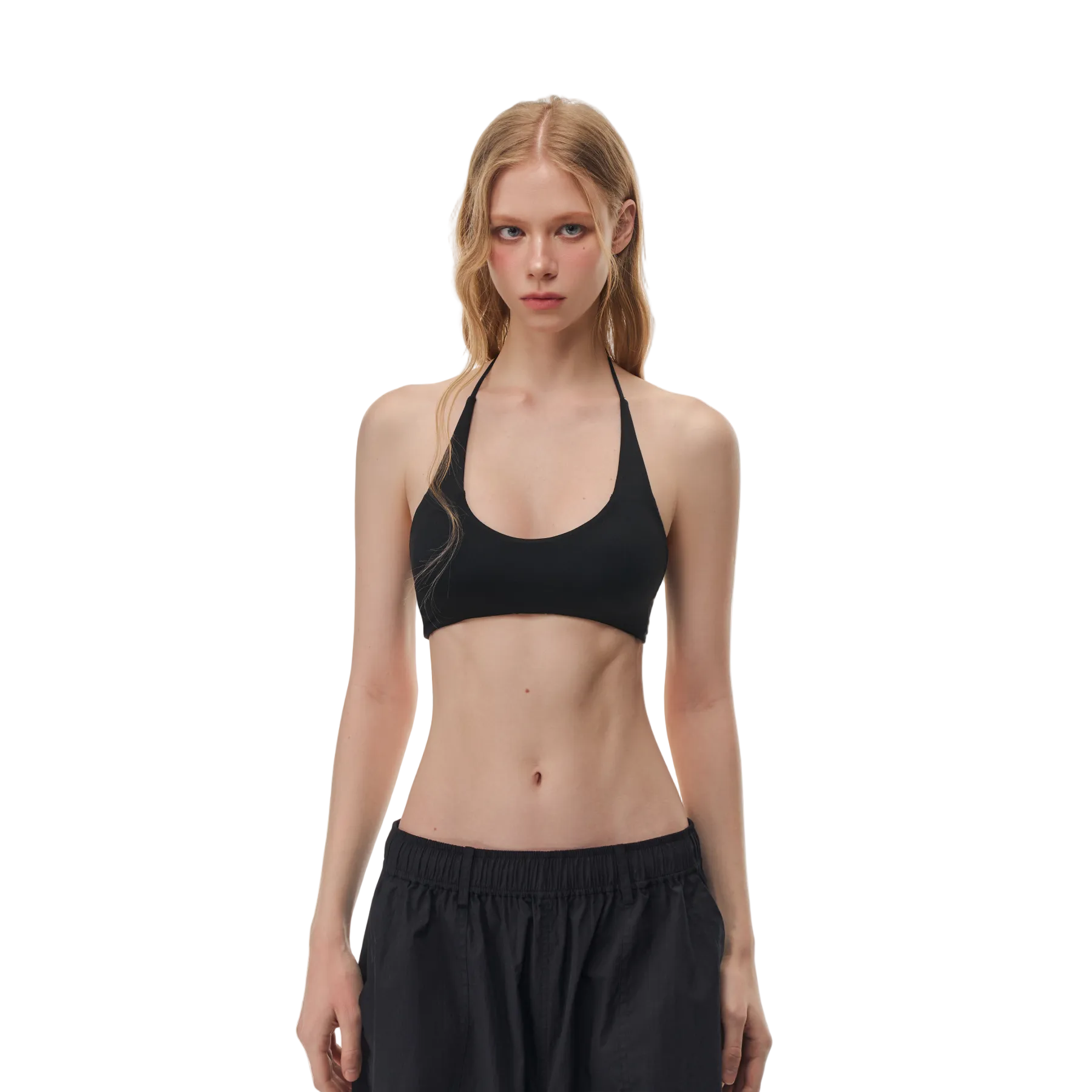 Black High Elastic Halter Neck Tie-up Built-in Bra Tank Top