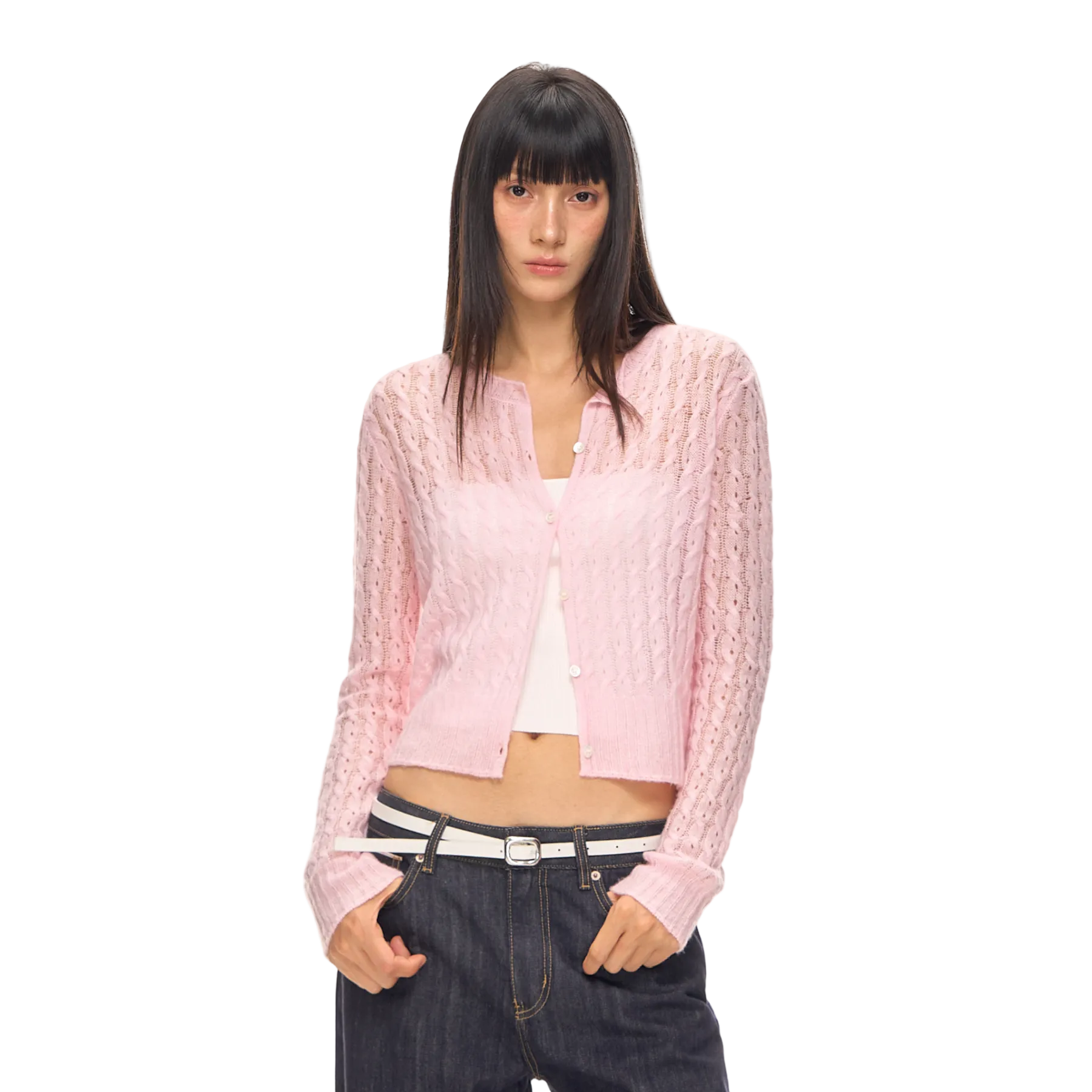 Pink Lyocell Sheer Cable Knit Cardigan