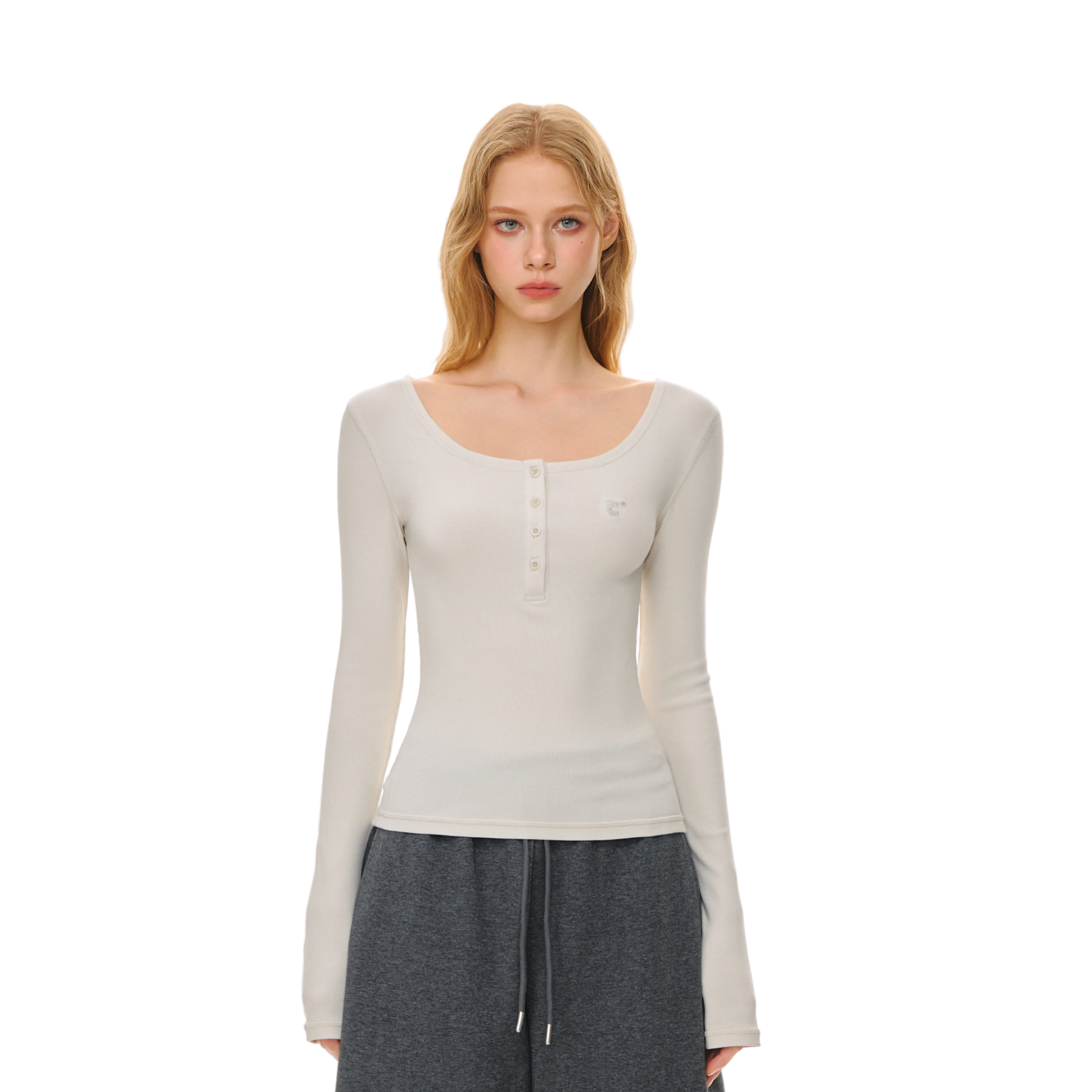 White Basic All-match U-neck Elastic Henley Neck Long Sleeve