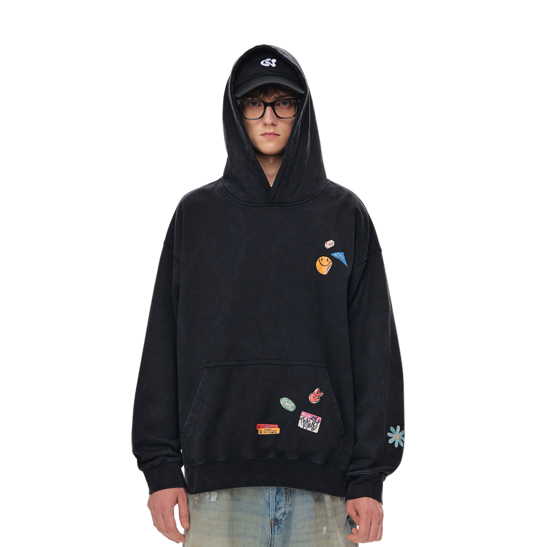 Black Retro Graffiti Sticker Print Washed Hoodie