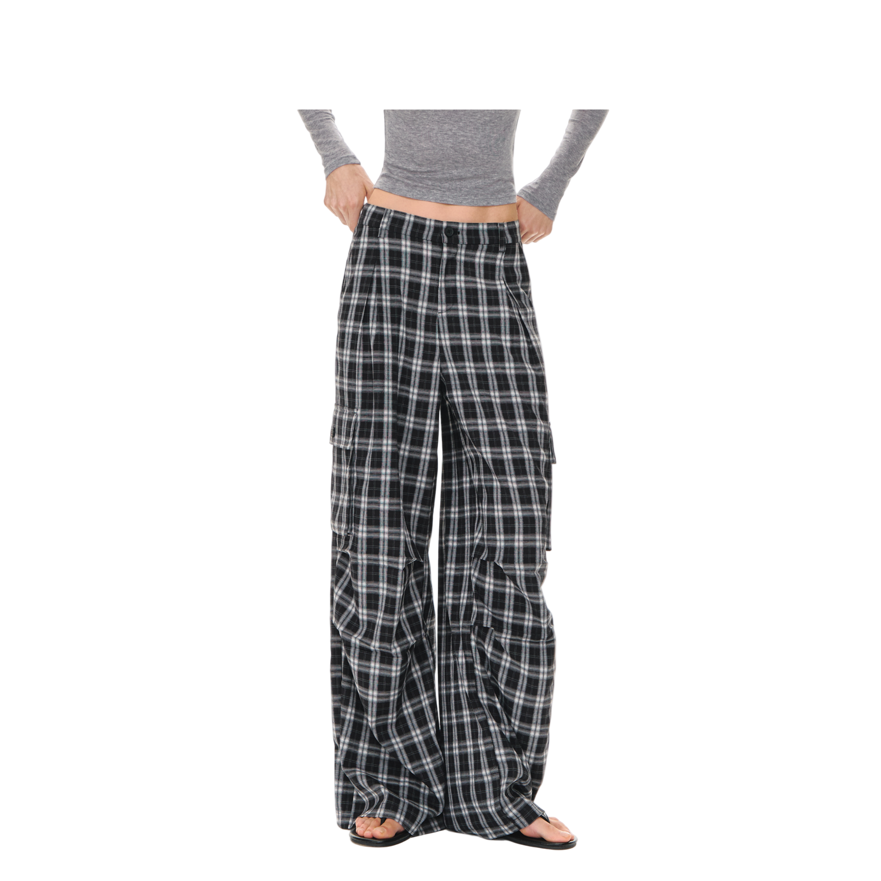 Drape Black and White Plaid Casual Straight Pants