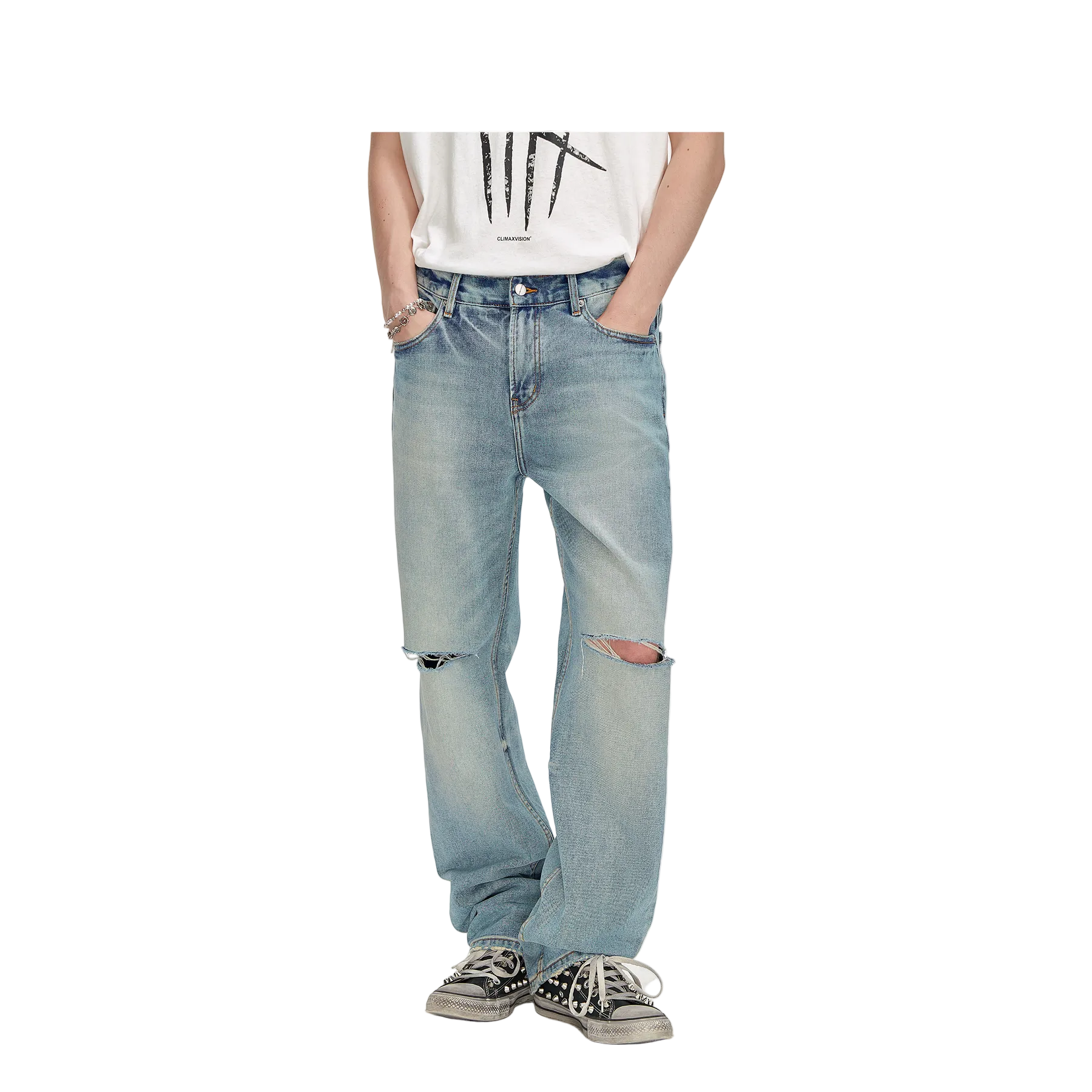 Washed Blue Ripped High Street Jeans