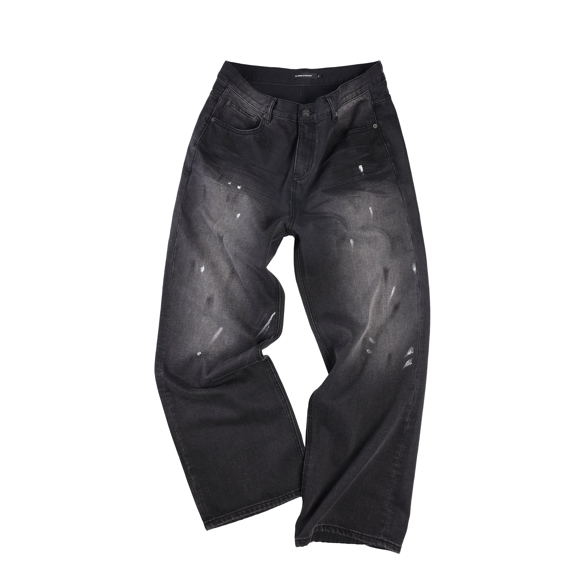 Black Washed Distressed Ink-splashed Straight-leg Denim Trousers
