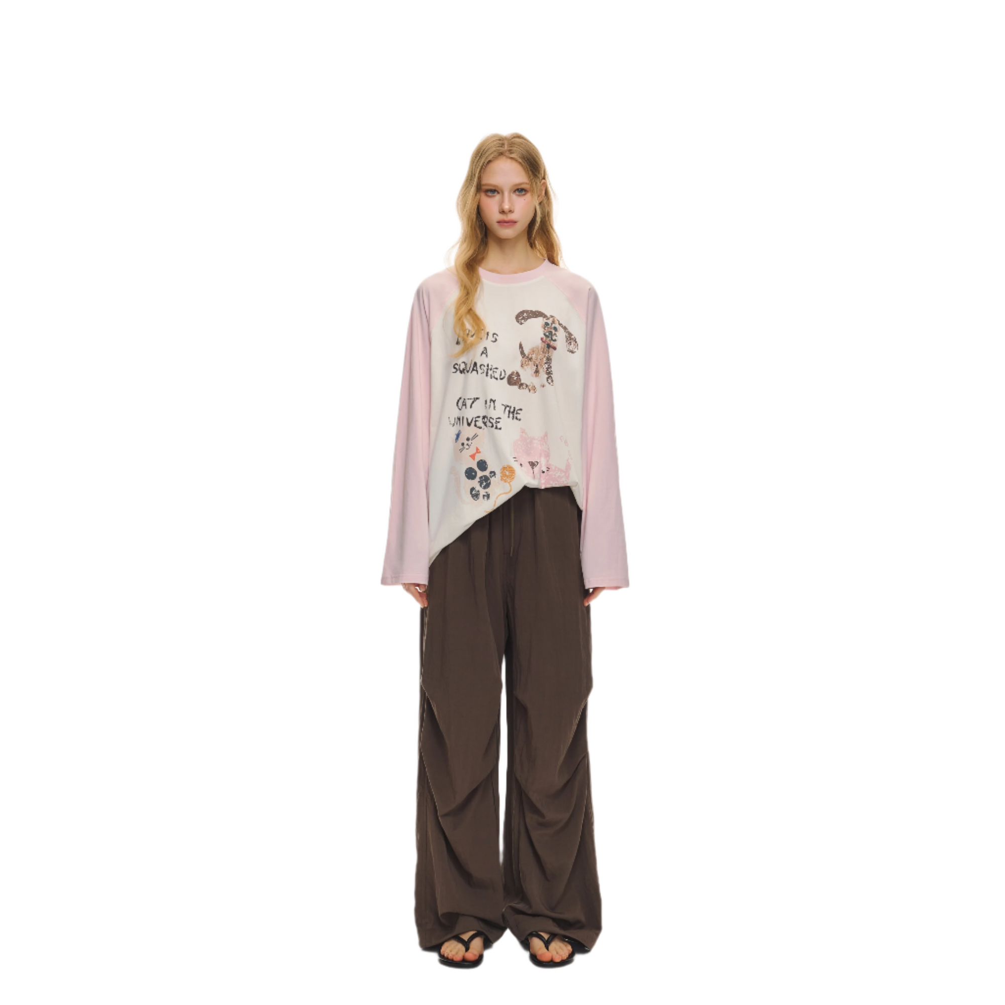 Pink Fun Print Contrast Raglan Long Sleeves