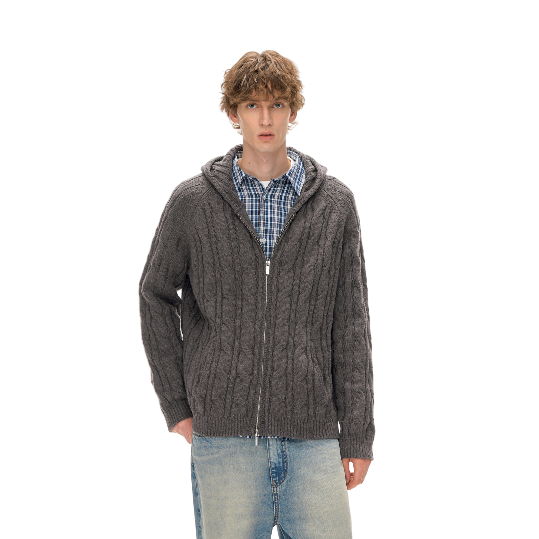 Wool Blend Cable Hooded Zip-Up Cardigan In Brown