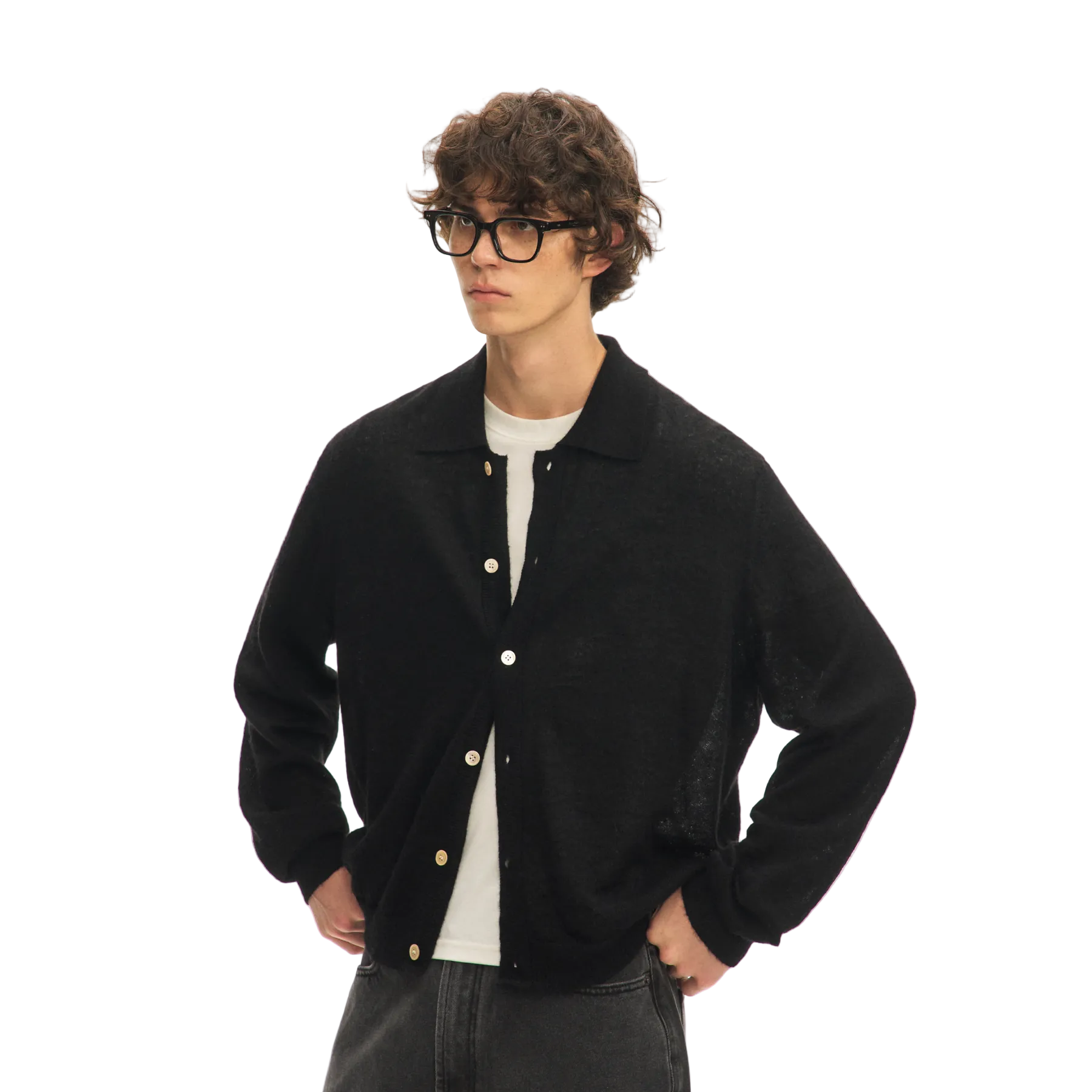 Black Wool Blend Collared Sweater