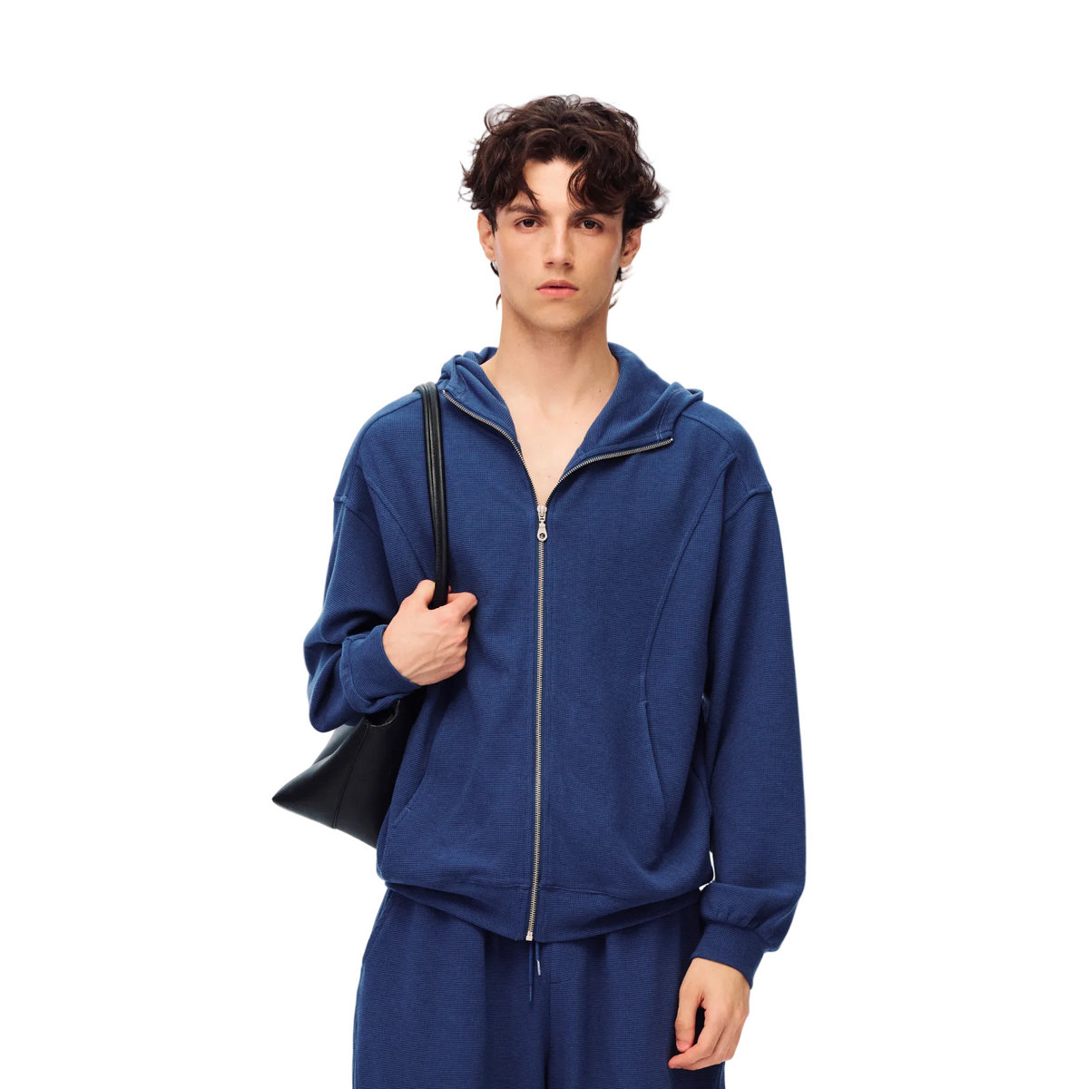 Navy Blue Relaxed Waffle Knit Set Hoodie 