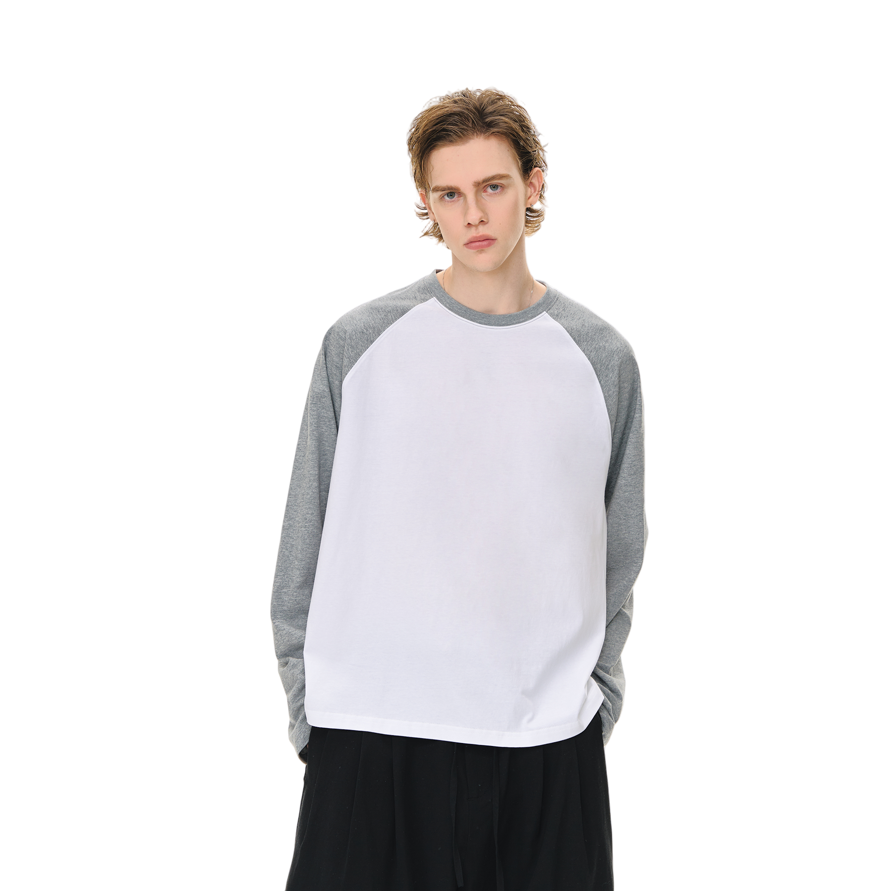 Gray and White Draped Loose Retro Raglan Long-sleeved T-shirt