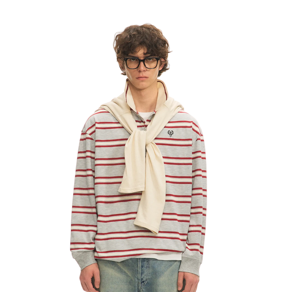 Grey Color Block Striped Embroidered Polo Shirt Long Sleeve