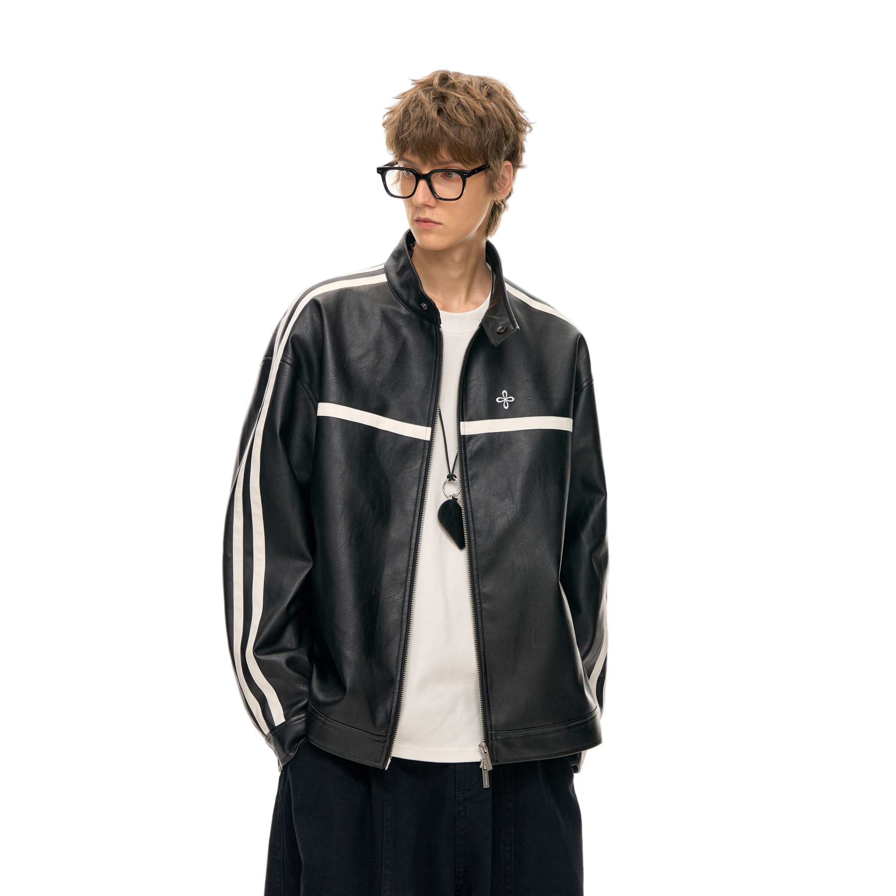 Black Retro Patchwork Stand Collar Leather Jacket