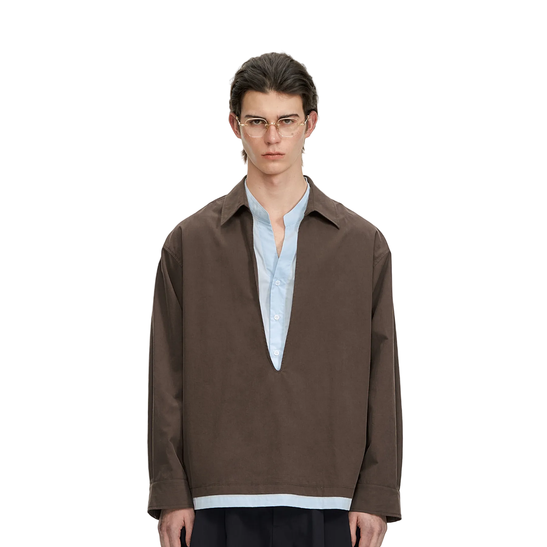 Brown and Blue Color-Blocked V-Neck Faux Two-Piece Shirt