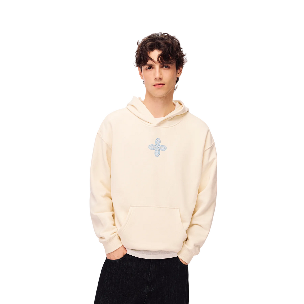 Beige Chanel-style Cross Embroidered Hooded Sweatshirt