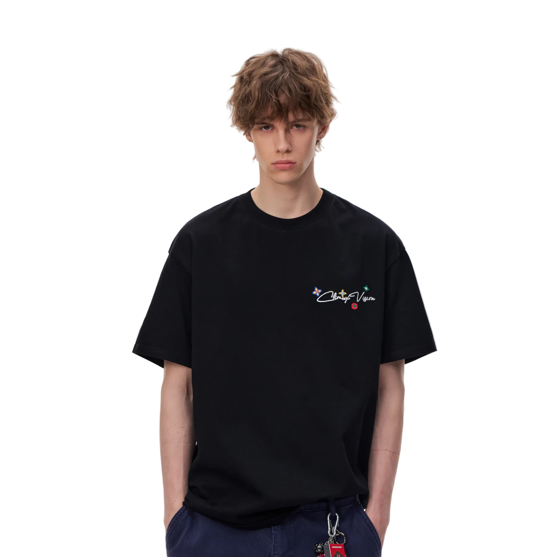 Black Rhinestone Pearl Logo Embroidered Floral Short-Sleeve T-Shirt