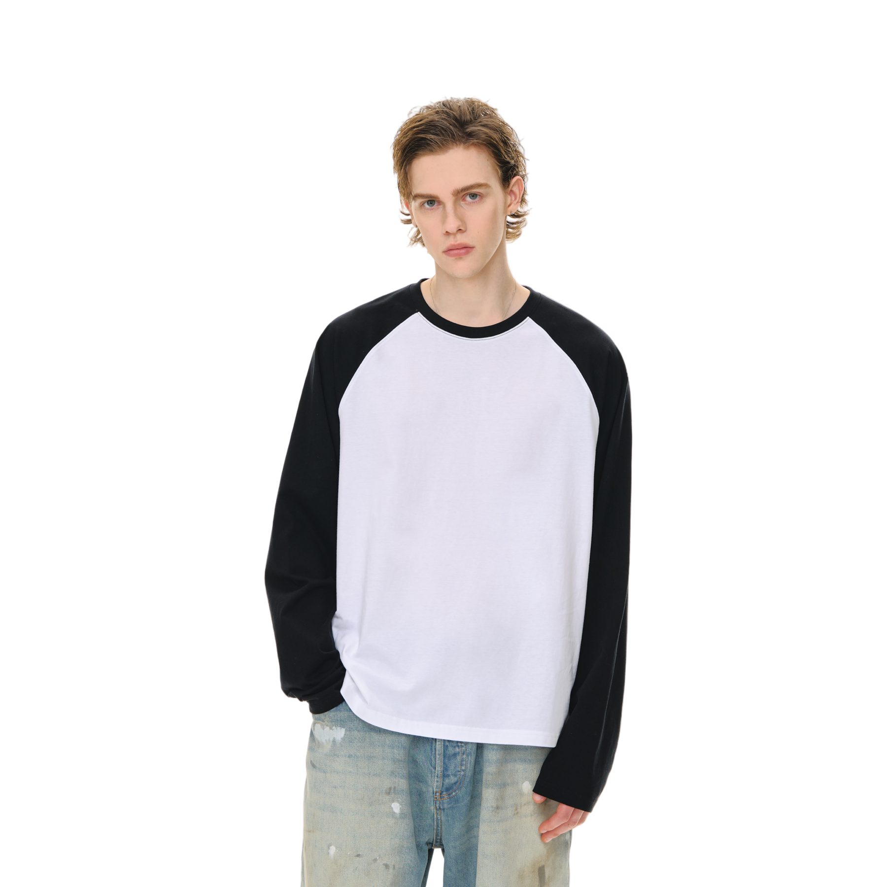 Black andWhite Draped Loose Retro Raglan Long-sleeved T-shirt