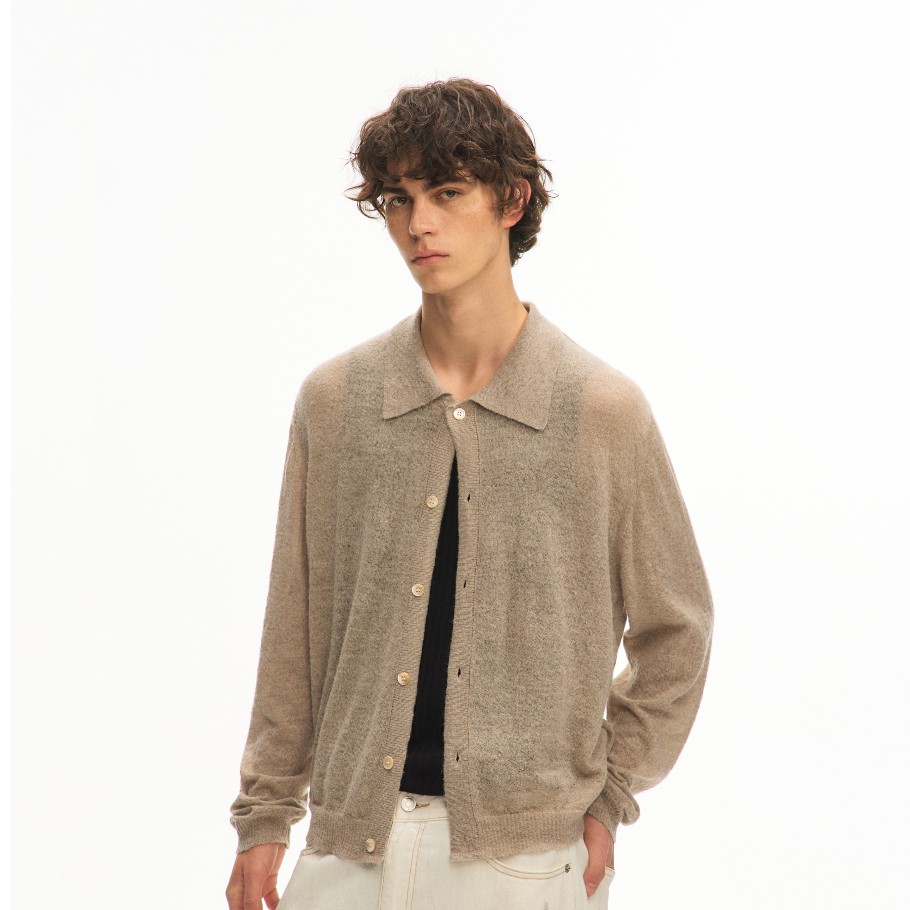 Khaki Wool Blend Collared Sweater