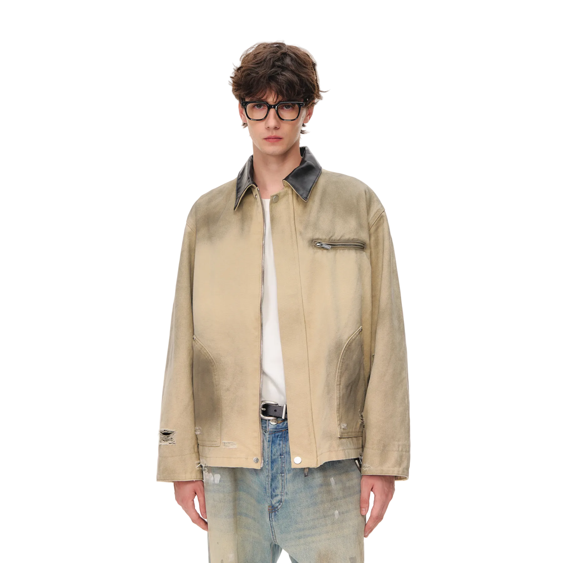 Sand-colored Vintage Leather Collar Faded Work Jacket