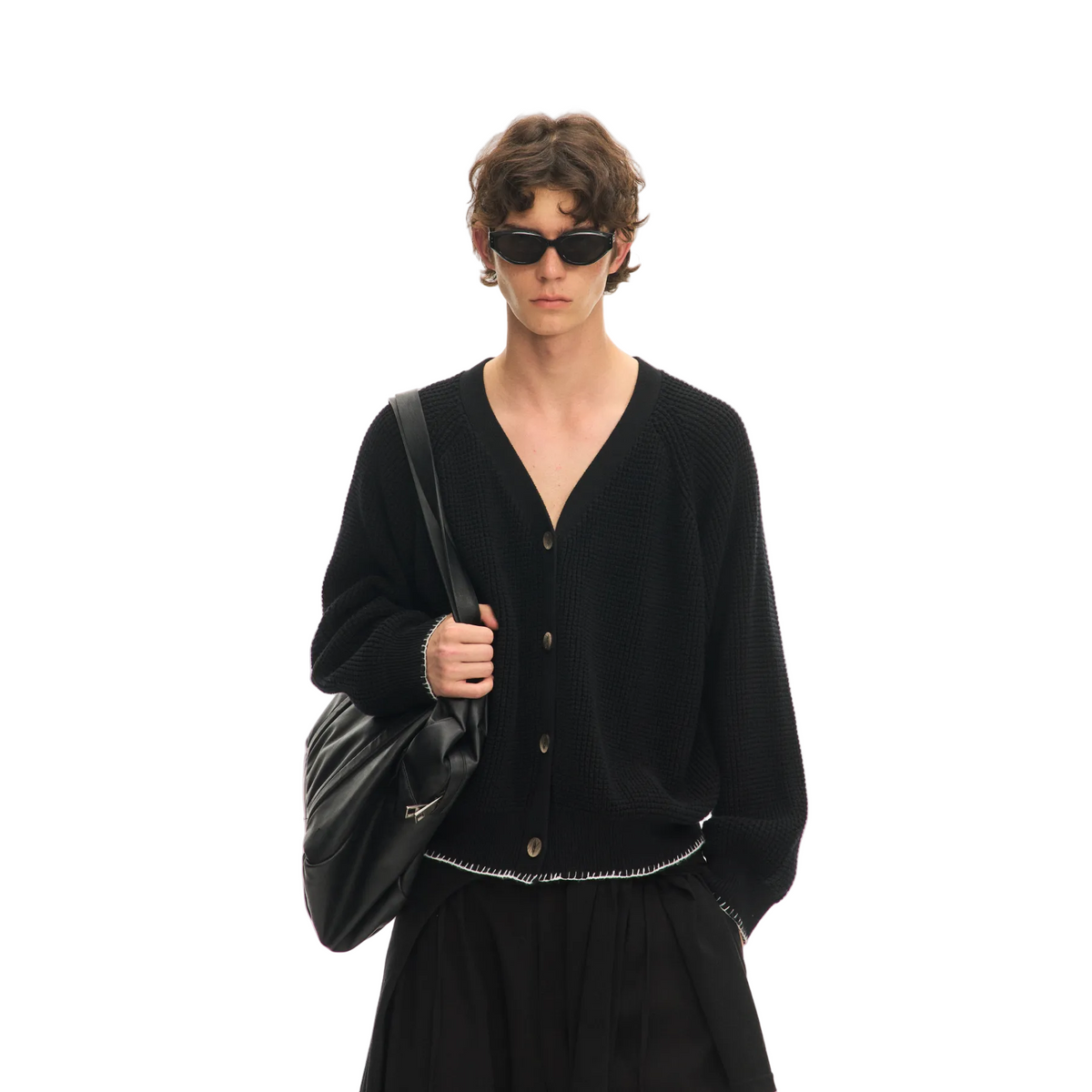 Black Color-blocked V-neck Cardigan