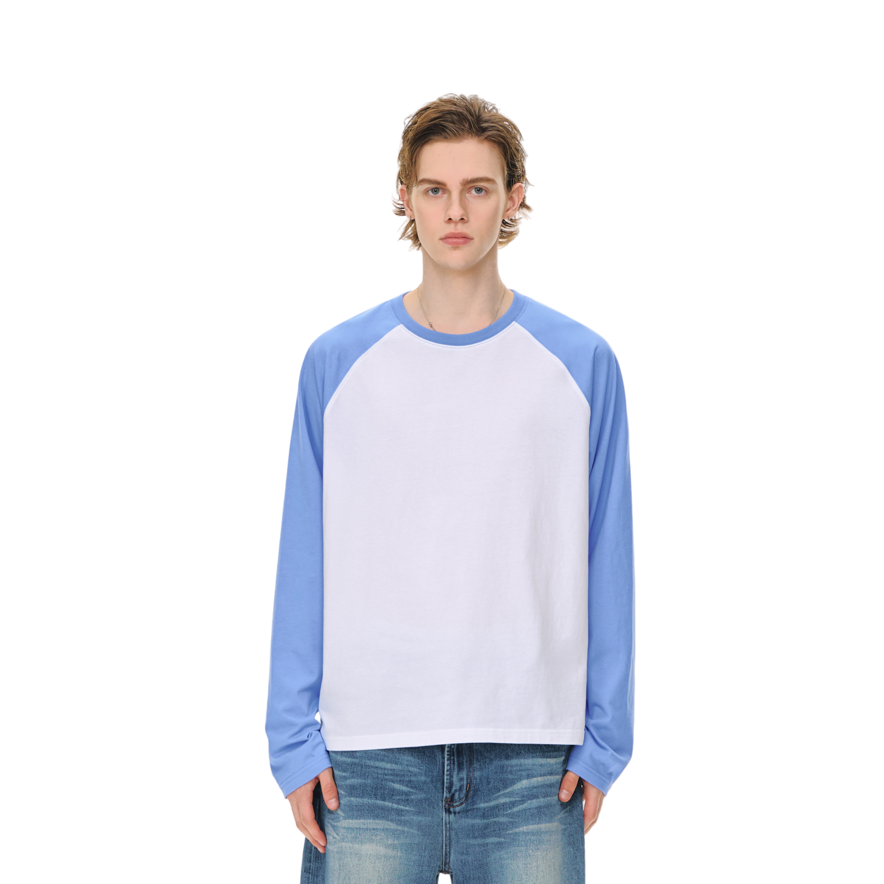 Blue and White Draped Loose Retro Raglan Long-sleeved T-shirt