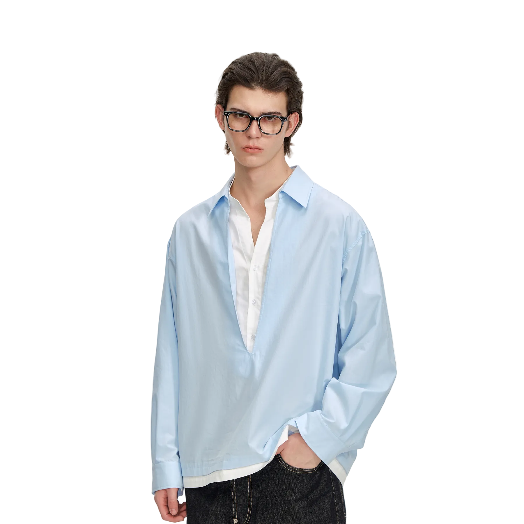 Blue and White Color-Blocked V-Neck Faux Two-Piece Shirt