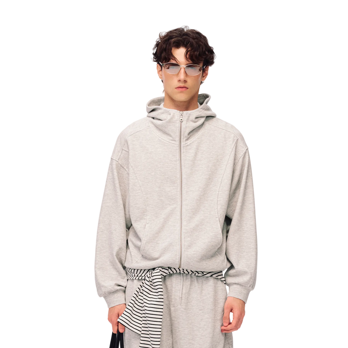 Grey Relaxed Waffle Knit Set Hoodie