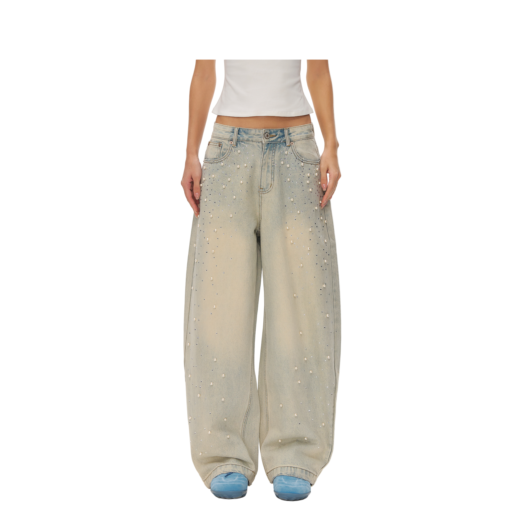 Light Blue Rhinestone And Pearl Flare Jeans