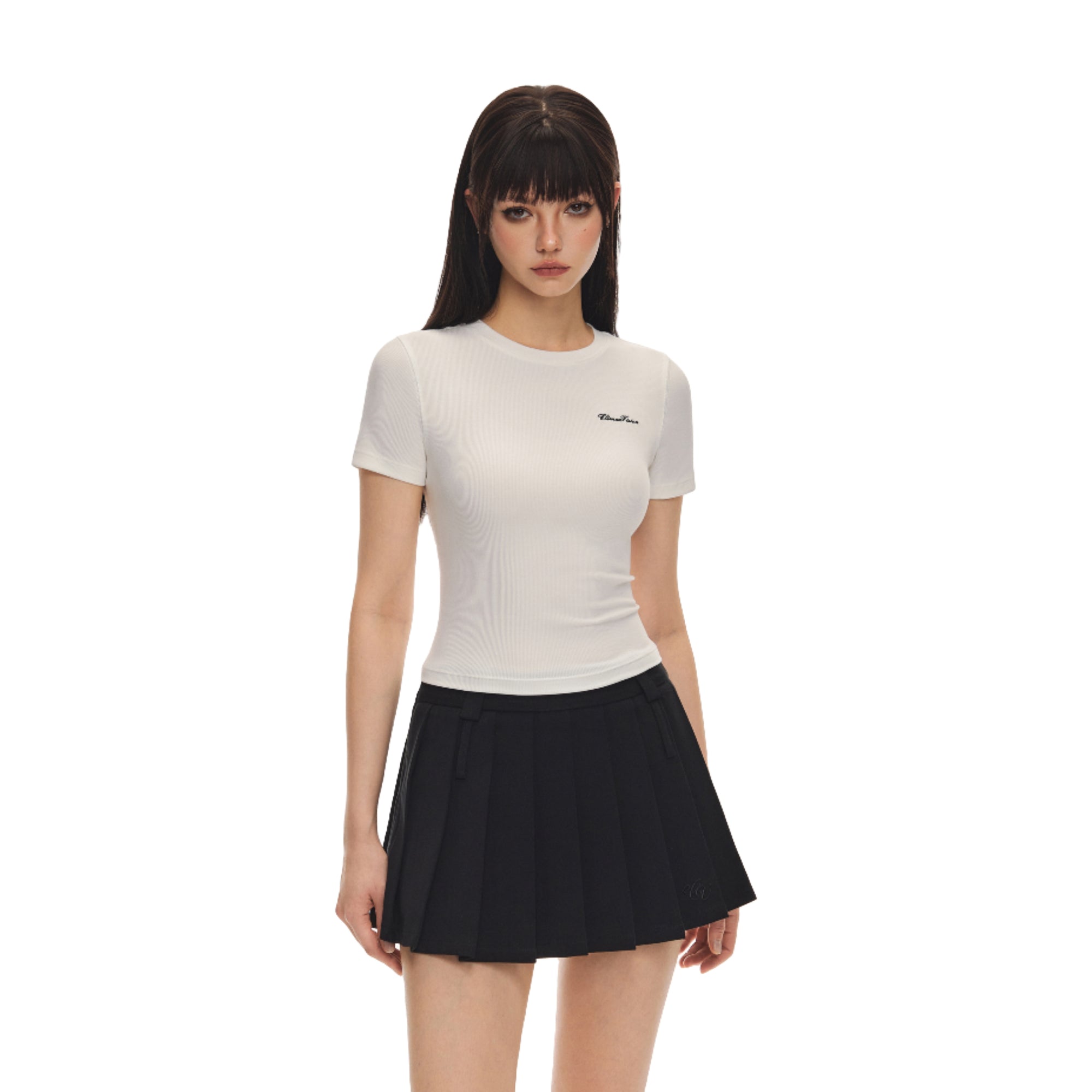 White Vertical Stripe Texture Cotton Stretch Short-sleeved T-shirt
