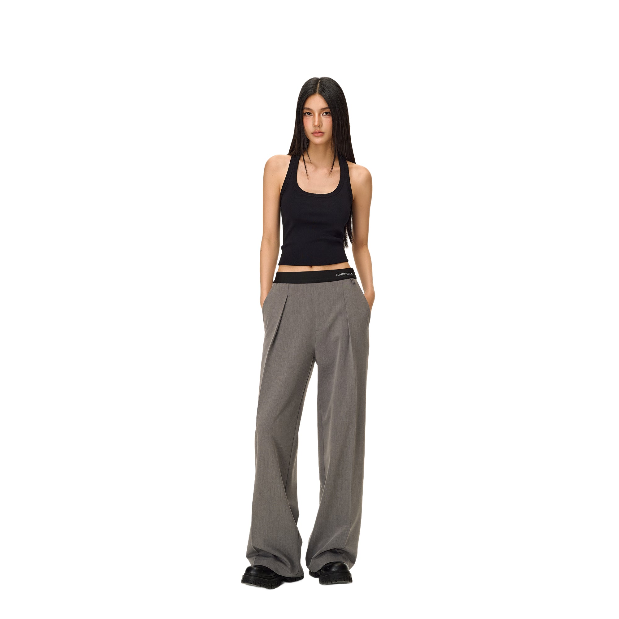 Grey Rhinestone Elastic Waist Slim Wool Trousers