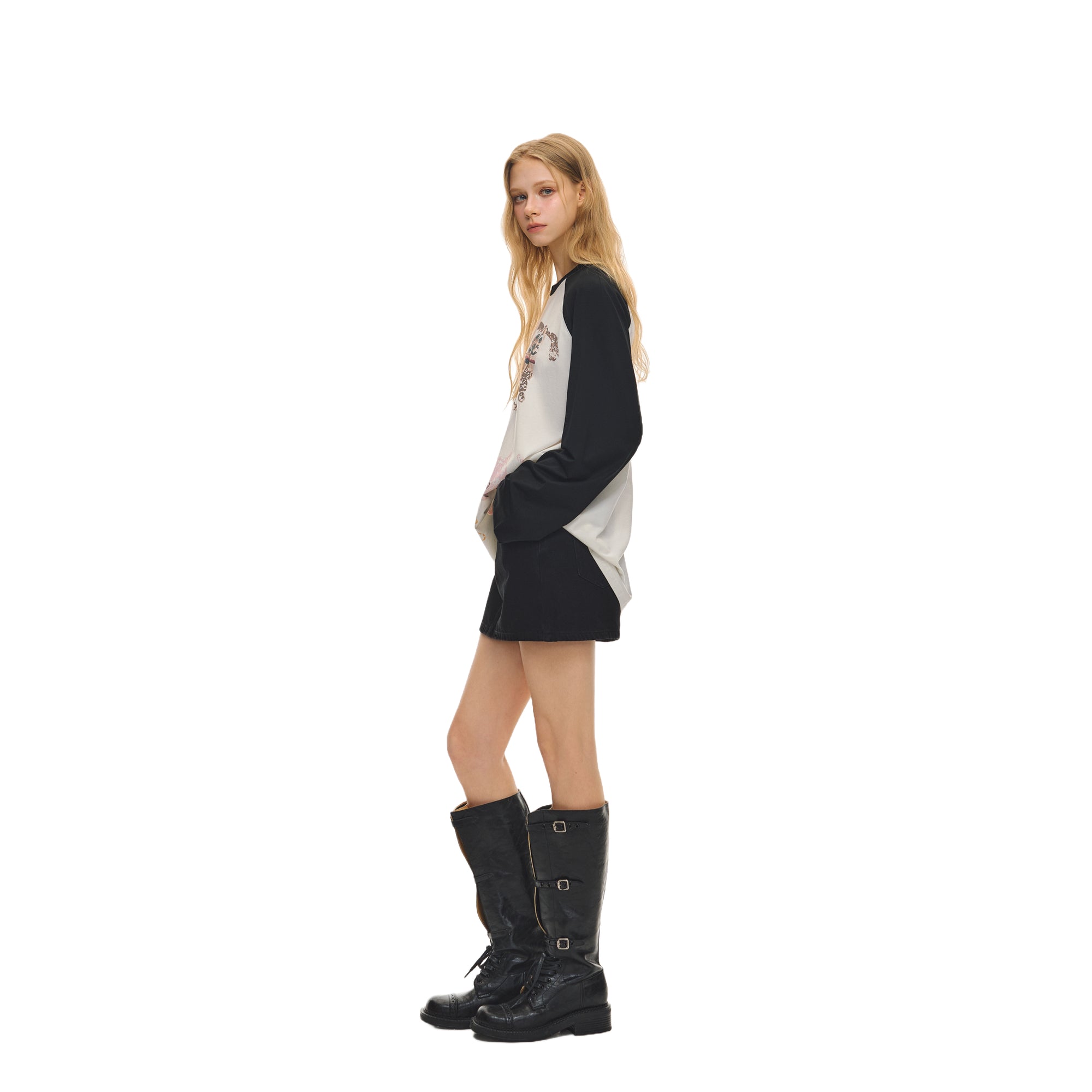Black Fun Print Contrast Raglan Long Sleeves
