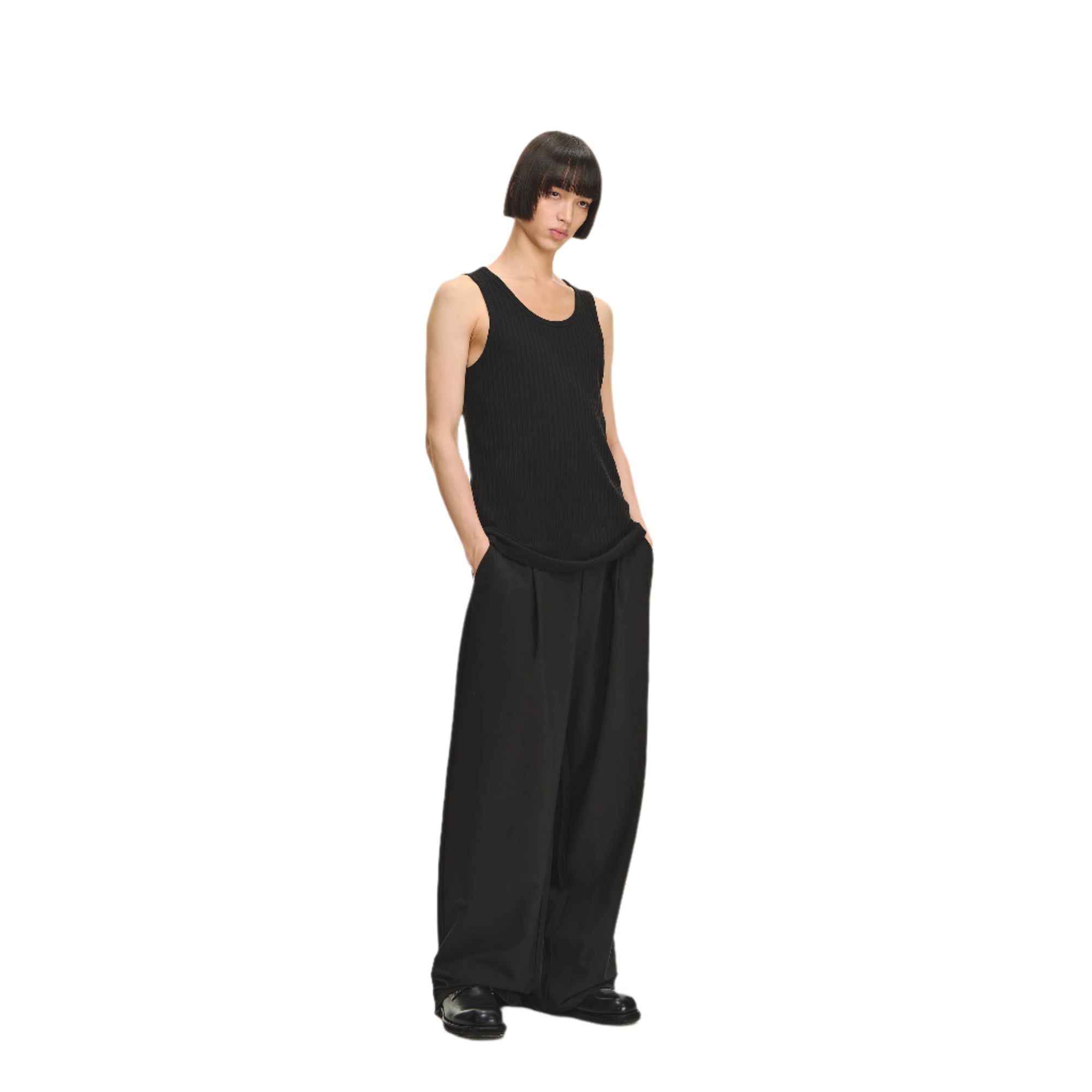 Black Ribbed Texture Blended Stretch Basic Round Neck Vest