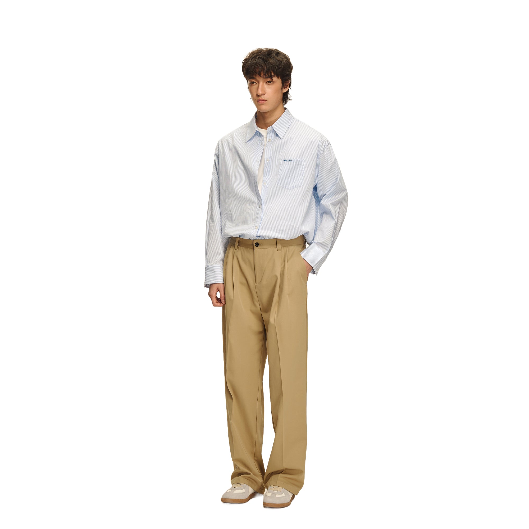 Khaki Acetate Wool Slightly Tapered Casual Trousers