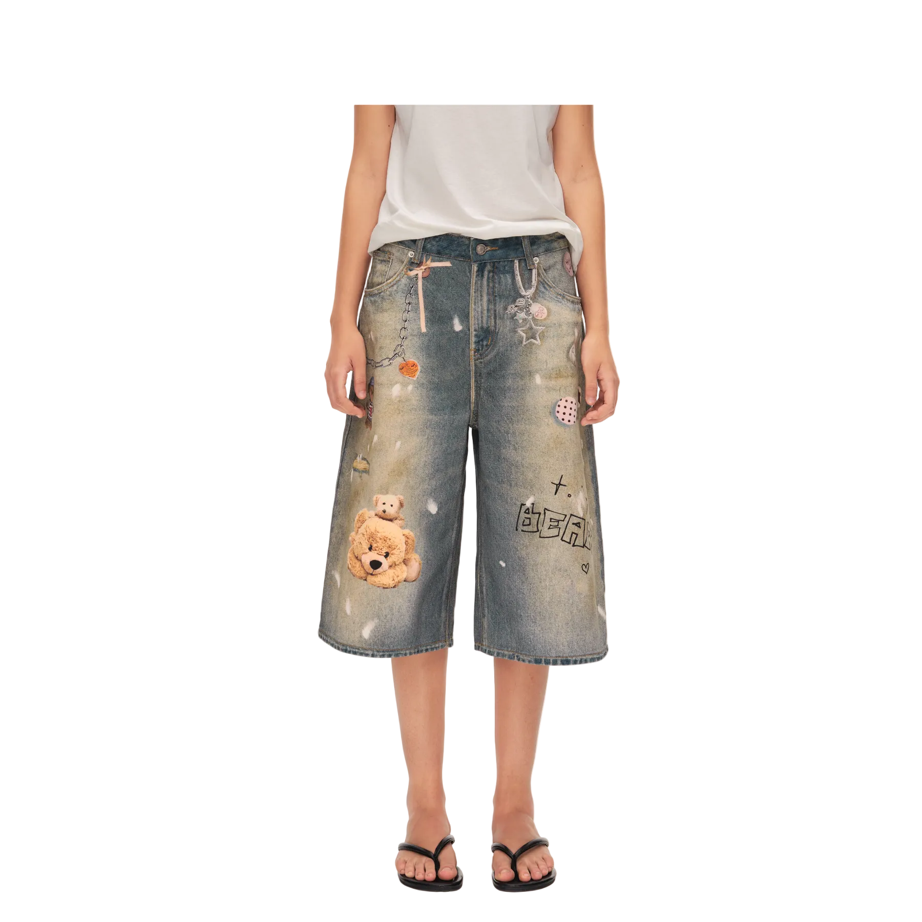 Blue Bear Print Distressed Denim Shorts