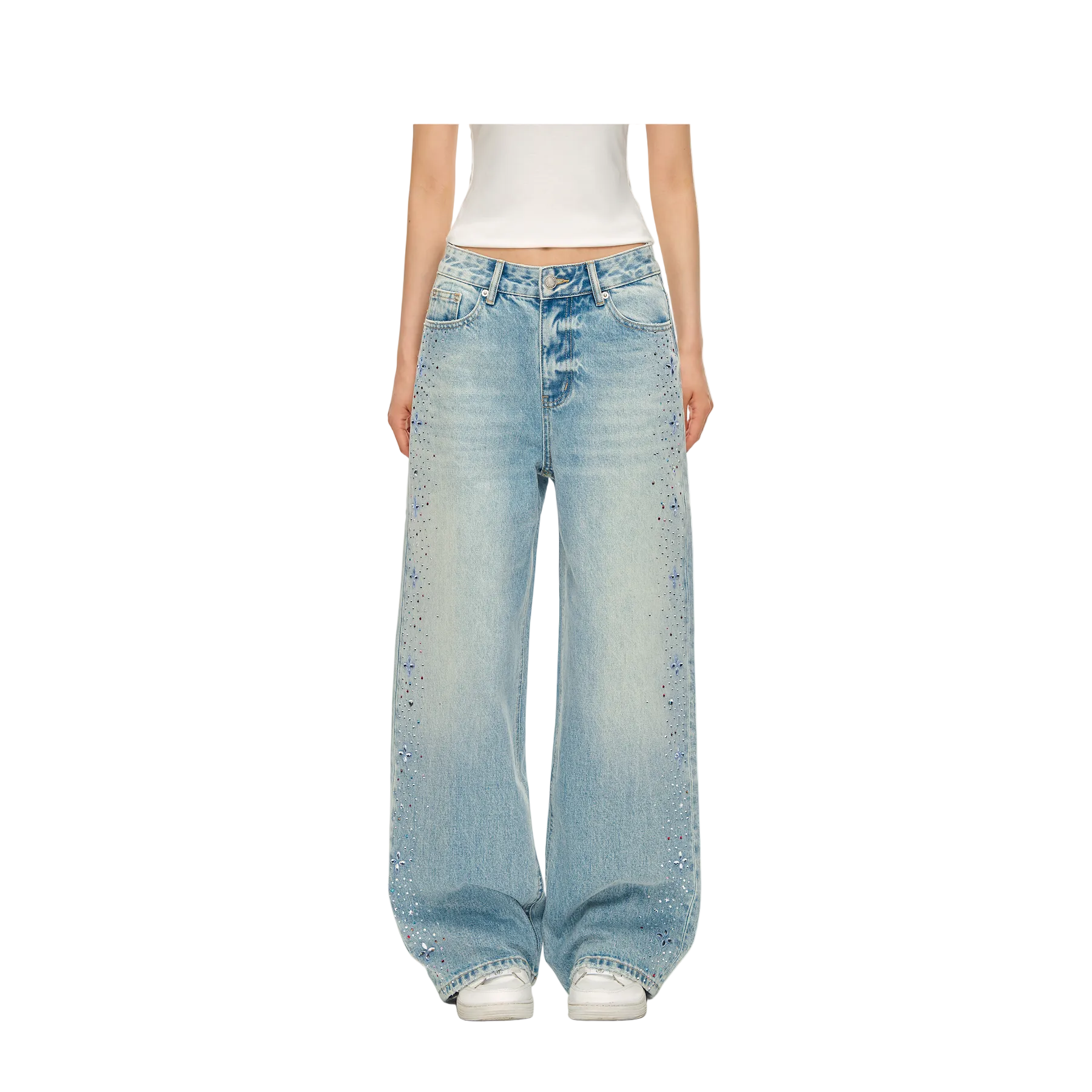 Blue Cross Rhinestone Washed Straight Leg Jeans