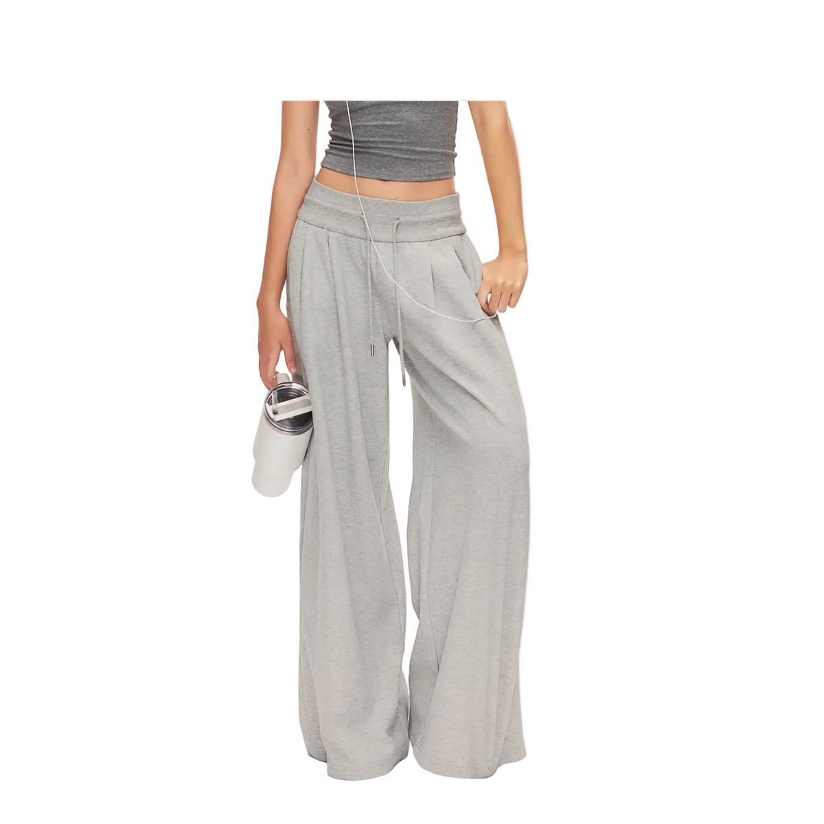 Grey Low-Rise Drawstring Wide-Leg Sweatpants