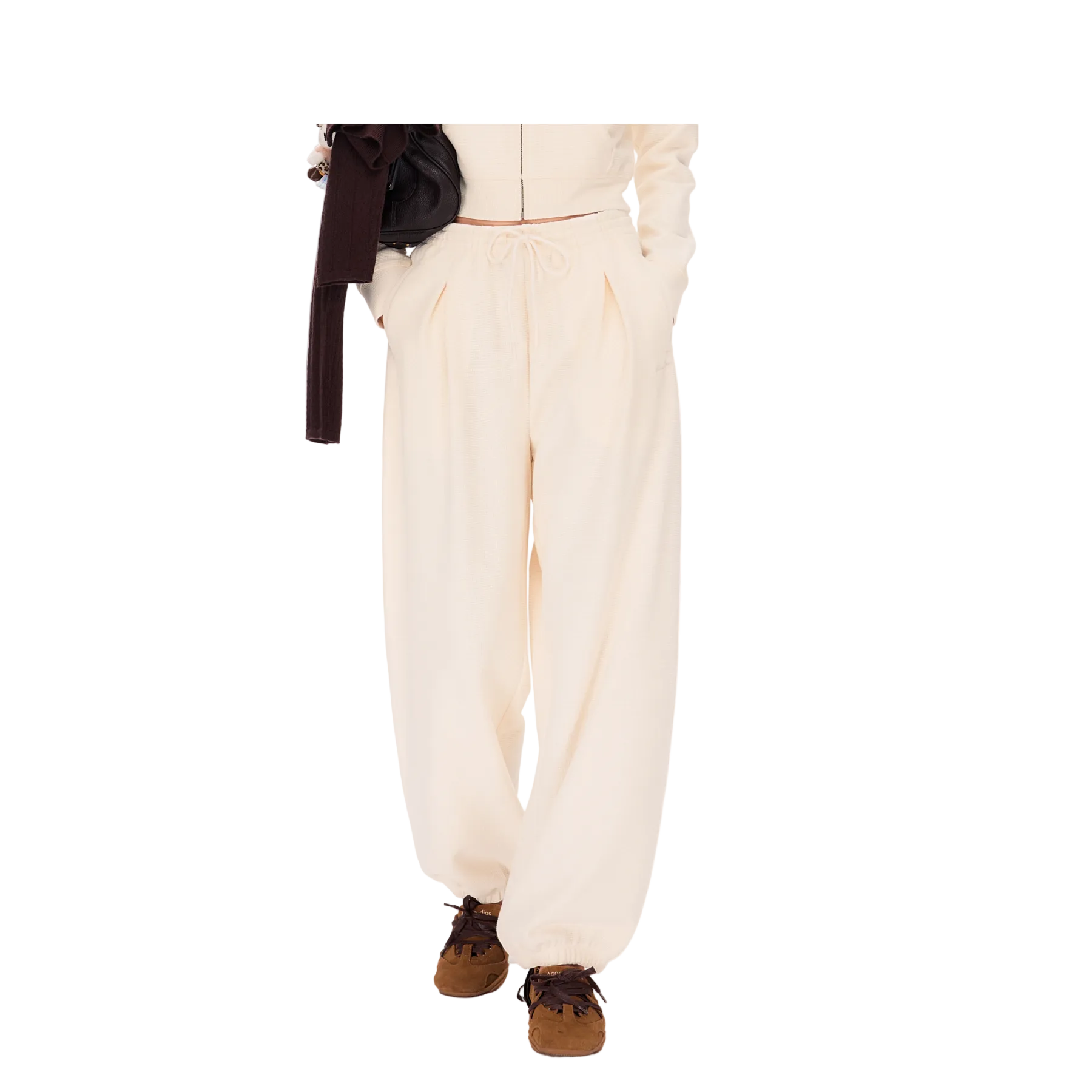 Beige Lazy Waffle Knit Set Jogger Pants