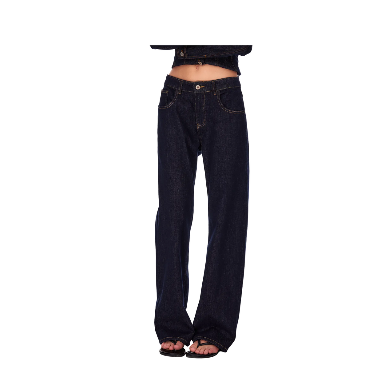 Raw Denim Blue Mid-Rise Straight Leg Jeans