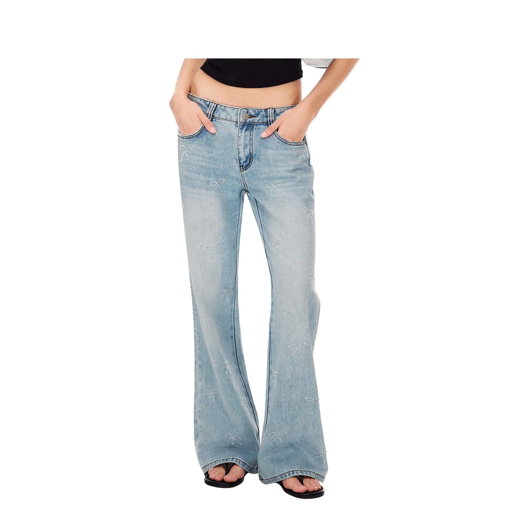 Blue Rhinestone Bow Washed Flared Jeans