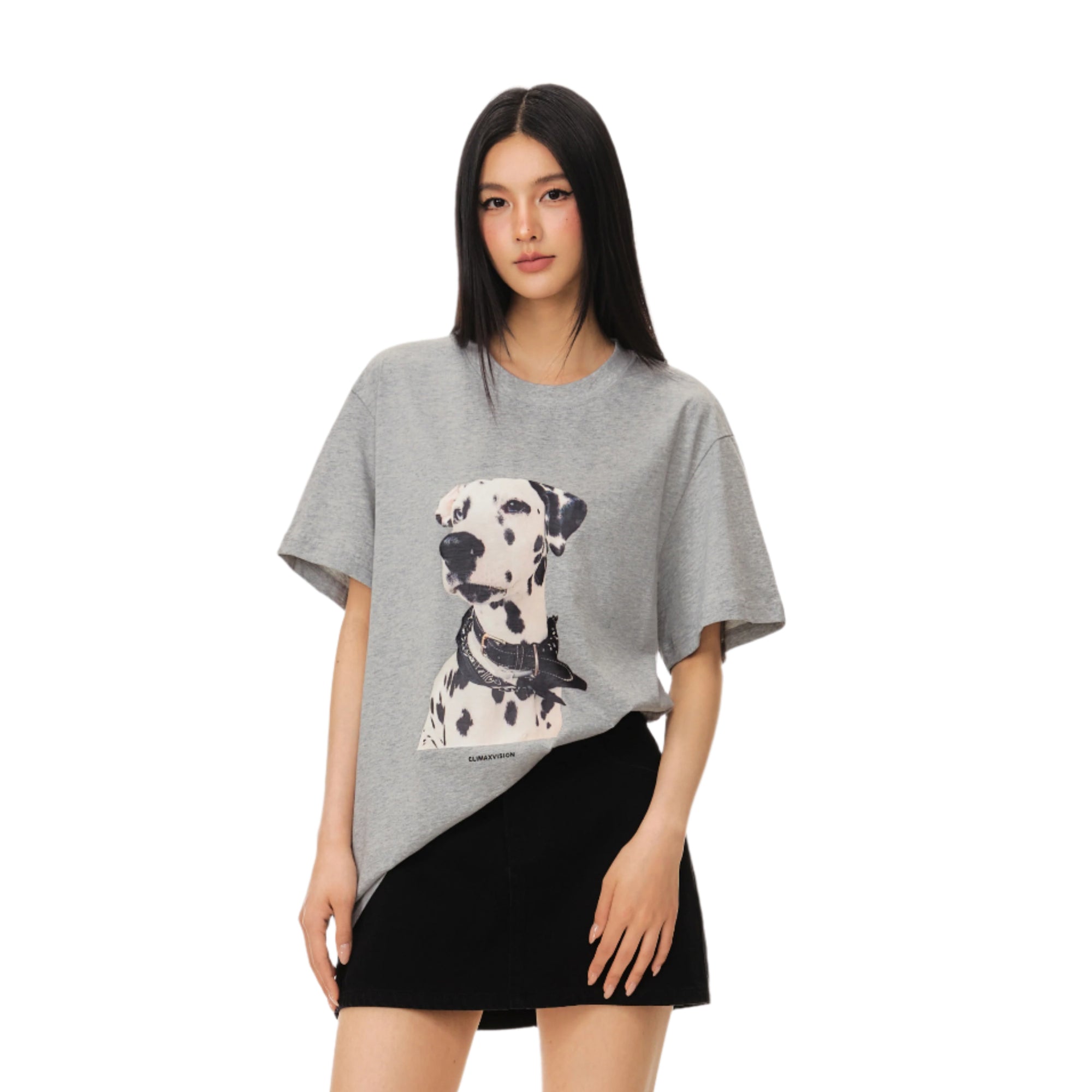 Grey Dalmatian Print Lightweight Crew Neck Fitted Short Sleeve T-Shirt