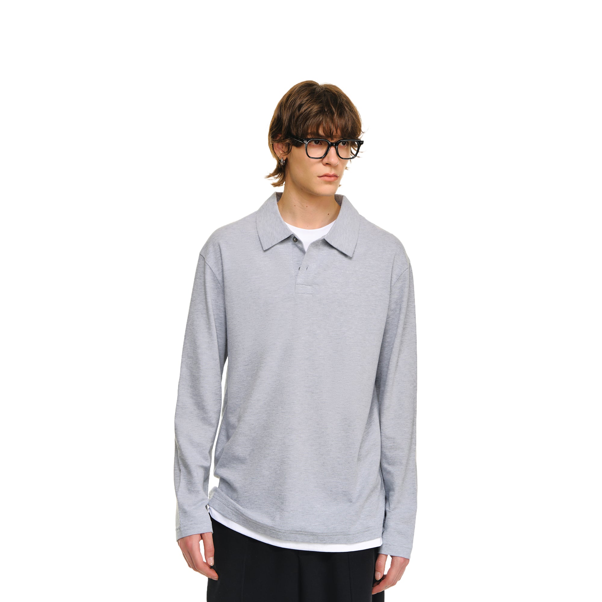 Gray Contrast Color Fake Two-piece Fitted Polo Shirt Long Sleeves