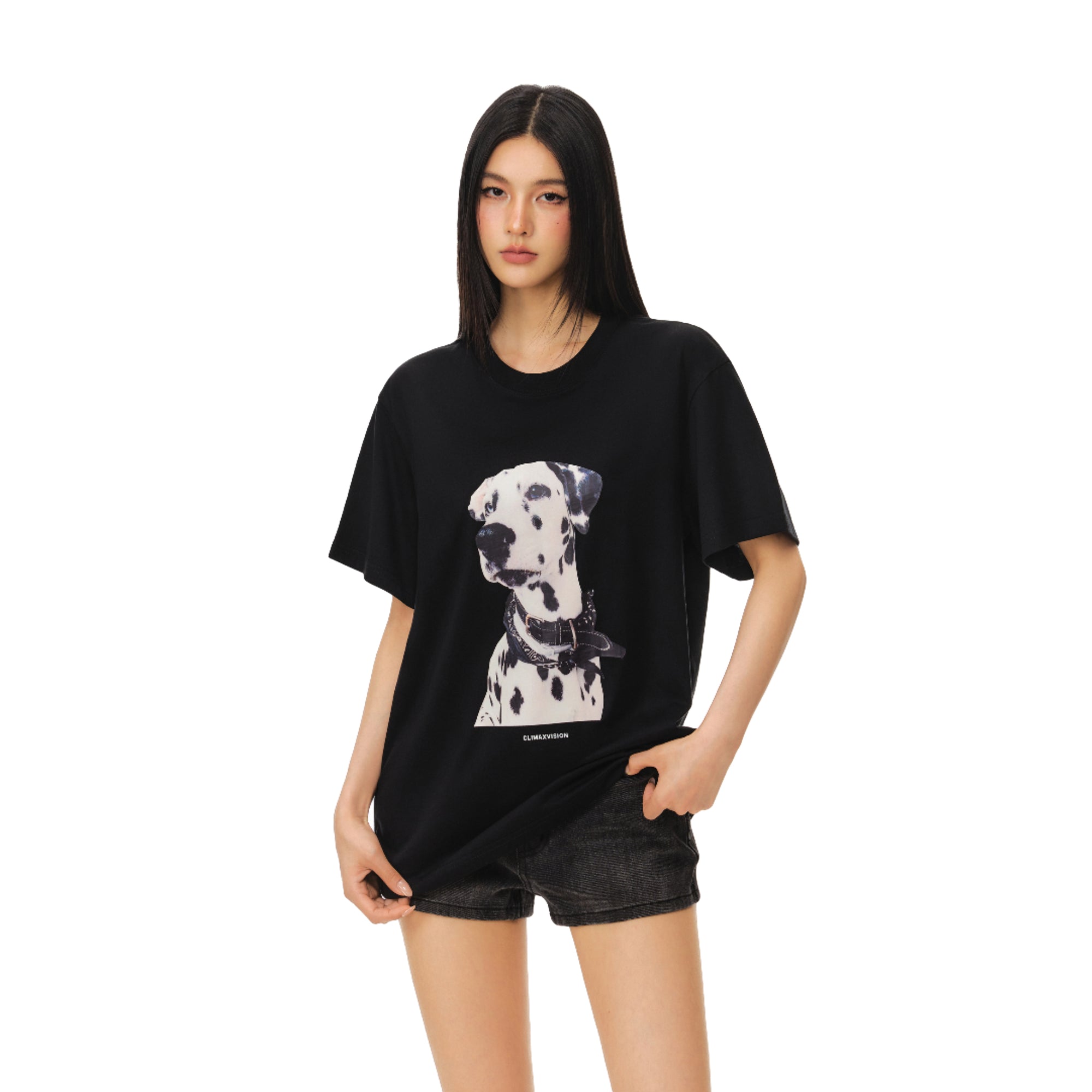 Black Dalmatian Print Lightweight Crew Neck Fitted Short Sleeve T-Shirt