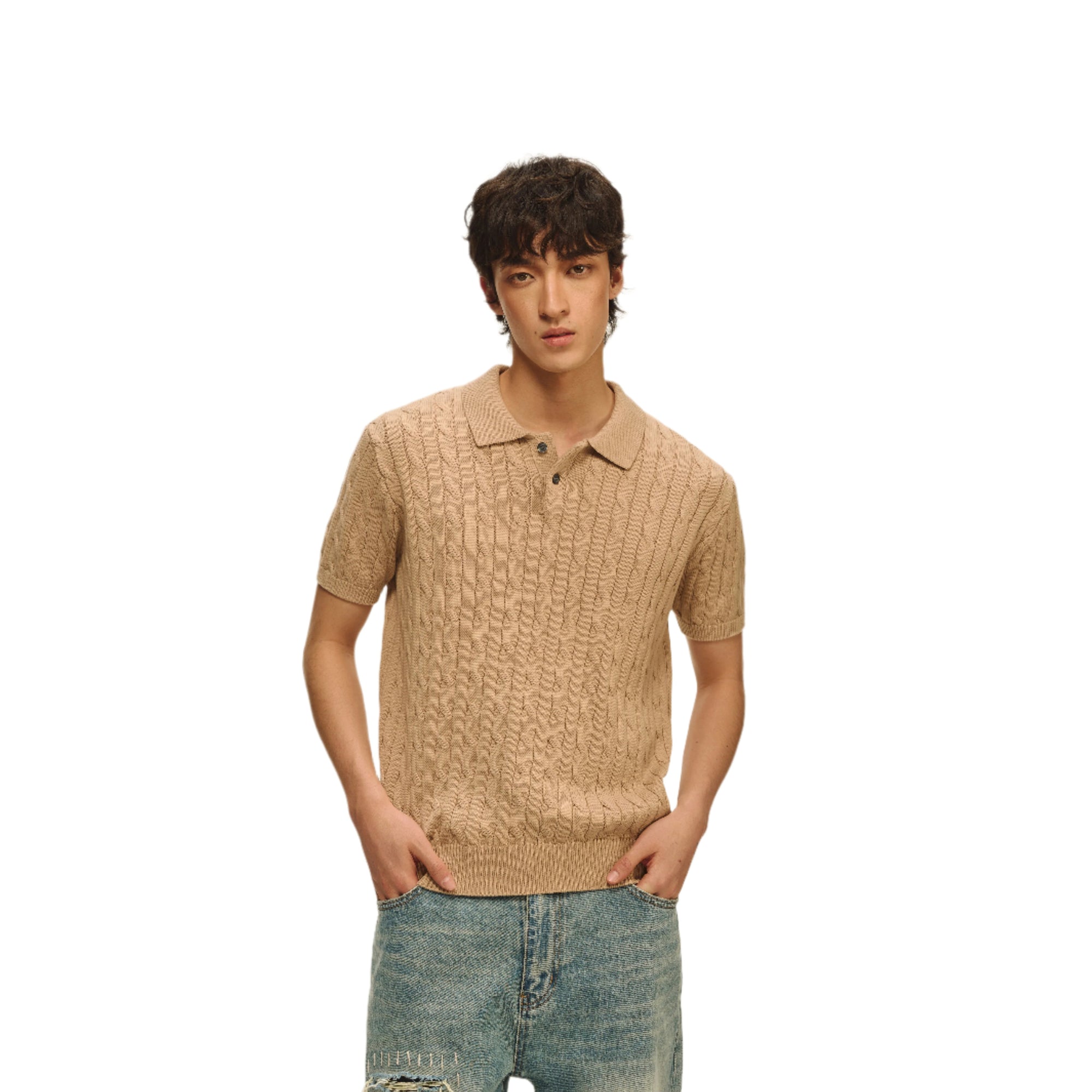 Khaki Cotton Classic Polo Collar Short Sleeves